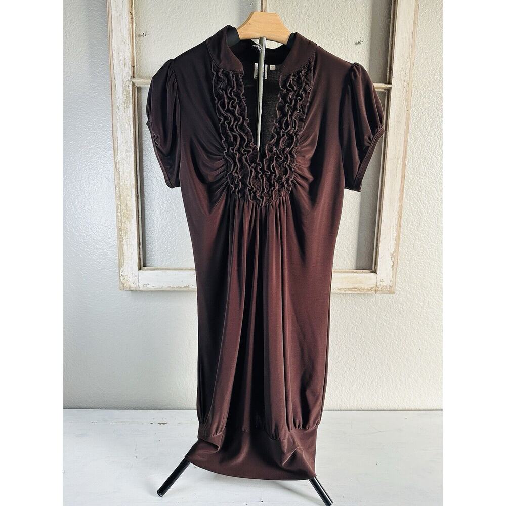 Women’s Heart Soul Ruffle V Neck Brown Dress‎ Size Large Feminine Baby Doll
